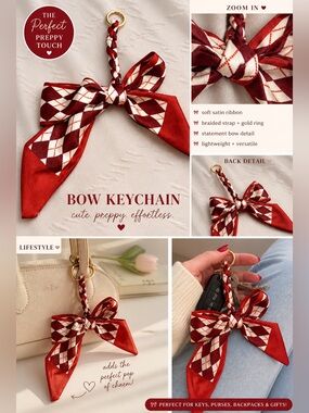 Red Satin Bow Keychain Wristlet | Preppy Argyle Ribbon Cute Coquette Bag Charm